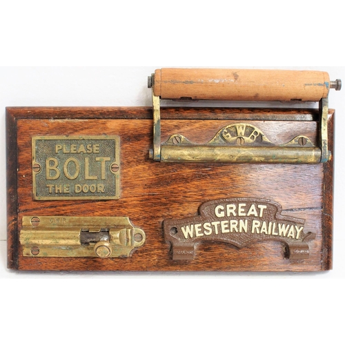 776 - Great Western Railway cast toilet door furniture including two types of roll holder, bolt & Please B... 