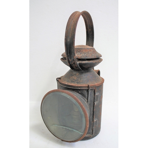 British Railways (Eastern) embossed 3 aspect handlamp stamped "DARSHAM", complete, cracked front lens ex service condition, Irish alloy Do Not trespass notice (CIE) as image. (2) (Dispatch by Mailboxes/Collect from Banbury Depot)