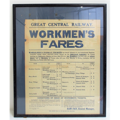 935 - Great Central Railway letterpress poster regarding Workman's Trains from Buckley Jnc, Pen-y-fford, H... 