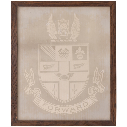 940 - GCR etched glass coat of arms, attractively presented in a hardwood frame, 15¼