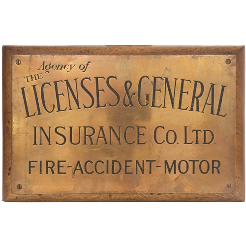 952 - Brass doorplate, LICENSES & GENERAL INSURANCE CO LTD, FIRE-ACCIDENT-MOTOR, engraved brass with wax i... 