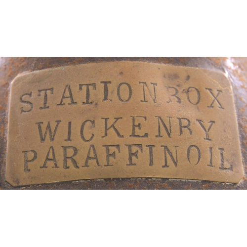 955 - Oil cans, STATION BOX WICKENBY, PARAFFIN OIL, height 13½