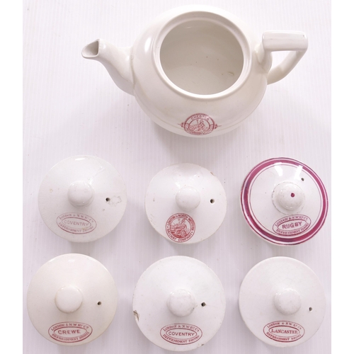 974 - China, LNWR, variety of teapot lids including Crewe, Rugby, Coventry, Lancaster, also Chester teapot... 