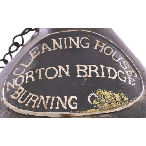 981 - NSR oil can, NORTON BRIDGE, Cleaning House Burning Oil on steel plate, body marked NSR, with knot em... 