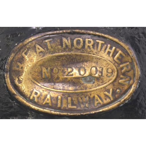 986 - GNR signal lamp case, WORTLEY EAST, a box south of Leeds, brass plate on the collar, also L&Y HOIST ... 