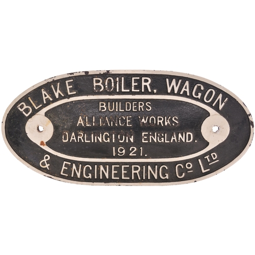 990 - Wagonplate, BLAKE BOILER WAGON ENGINEERING CO, Alliance Works Darlington, 1921, cast iron, 17