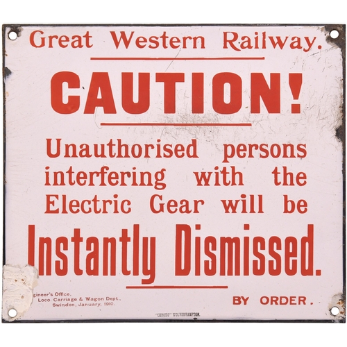 121 - A GWR warning notice, cautioning staff against interfering with electrical gear, Swindon 1910, ename... 