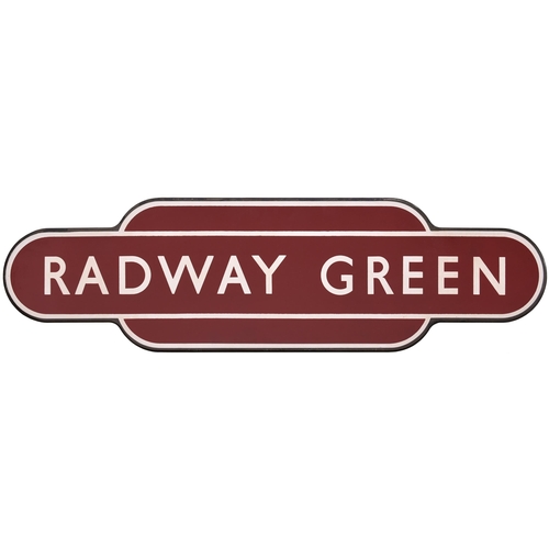 128 - A BR(M) totem sign, RADWAY GREEN, (f/f), from the North Staffordshire Railway's Stoke-on-Trent to Cr... 