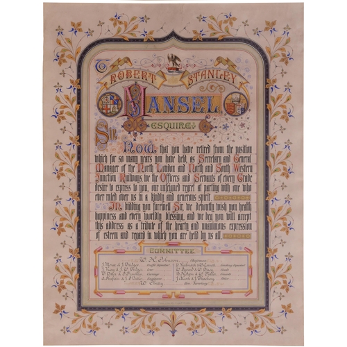 153 - An illuminated address to Robert Stanley Mansel, Secretary and General Manager of the North London a... 