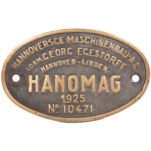 156 - A worksplate, HANOMAG 10471, 1925, from a 2ft 6ins gauge 4-8-0, Great Indian Peninsula Railway No 63... 