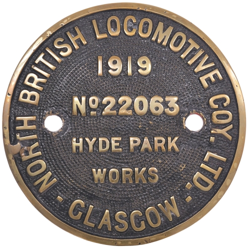 162 - A worksplate, NORTH BRITISH LOCOMOTIVE Co, HYDE PARK WORKS, 22063, 1919, from a Great Northern Railw... 