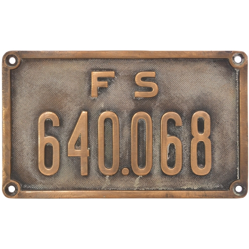 165 - An Italian cabside numberplate, FS, 640.068, from an Italian State Railways (FS) standard gauge 2-6-... 