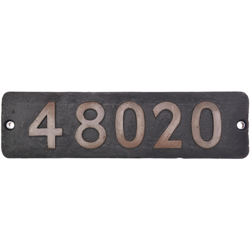 183 - A smokebox numberplate, 48020, from an LMS Class 8F 2-8-0 built at Crewe and allocated new to Wellin... 