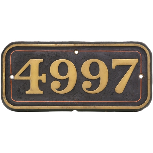 A GWR brass cabside numberplate, 4997, from the 4900 Hall Class 4-6-0, ELTON HALL, built at Swindon in March 1931 and named when built after the Hall five miles north-east of Oundle in Northamptonshire. At Neyland by January 1948 and later Stafford Road and Oxley from where it was withdrawn on 30 October 1961 and cut up at Swindon Works the following month. Cast brass, the front repainted. (Dispatch by Mailboxes/Collect from Banbury Depot)