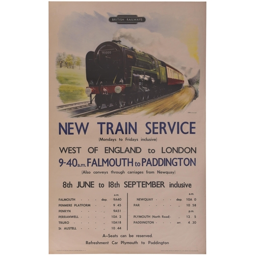 310 - A BR(W) double royal poster, NEW TRAIN SERVICE, WEST OF ENGLAND TO LONDON, 9-4-0 FALMOUTH TO PADDING... 