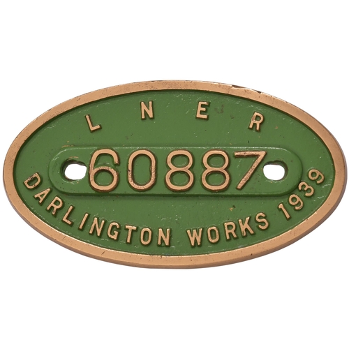 326 - A worksplate, LONDON & NORTH EASTERN RAILWAY, 60887, Darlington, 1939 from a LNER V2 Class 2-6-2 No ... 