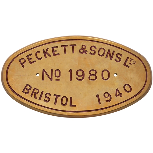 334 - A worksplate, PECKETT & SONS Ltd, 1980 of 1940 from a standard gauge 0-6-0ST new to Lofthouse Collie... 