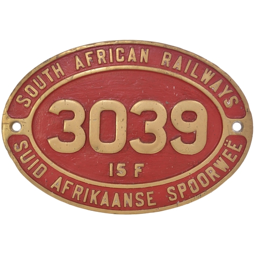 338 - A South African Railways cabside numberplate 3039 from a 3ft 6ins gauge Class 15F 4-8-2 built by the... 