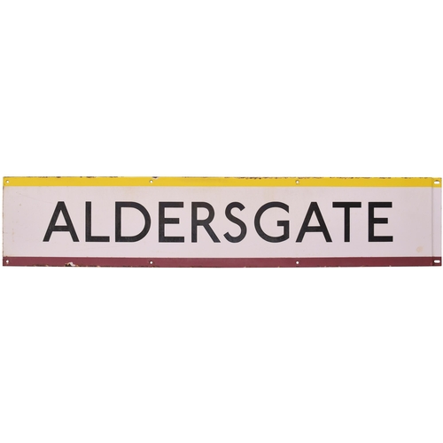 339 - An LT frieze sign, ALDERSGATE, with Metropolitan and Circle Line stripes, enamel, length 45