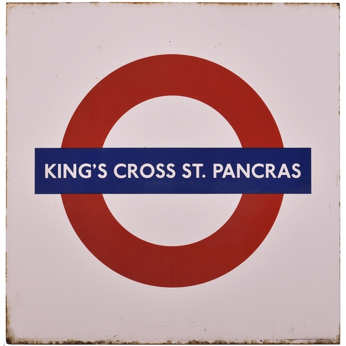 An LT target sign, KINGS CROSS ST PANCRAS, enamel, 25¼" square, original condition with minor blemishes and brake dust to the edge. (Dispatch by Mailboxes/Collect from Banbury Depot)