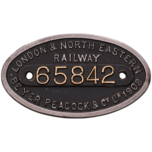 341 - A worksplate, LONDON & NORTH EASTERN RAILWAY BEYER PEACOCK, 1908, from a North Eastern Railway Class... 