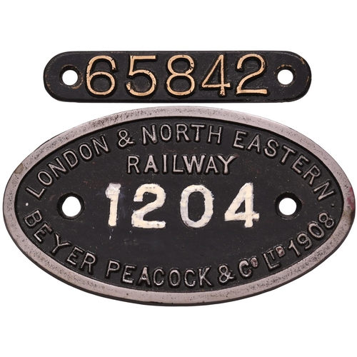 341 - A worksplate, LONDON & NORTH EASTERN RAILWAY BEYER PEACOCK, 1908, from a North Eastern Railway Class... 