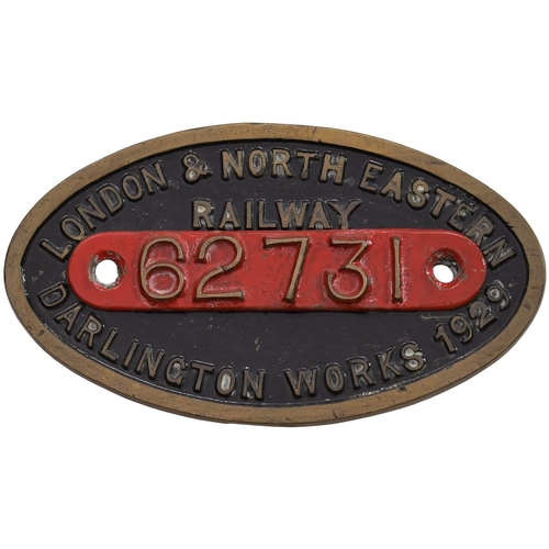 353 - A worksplate, LONDON & NORTH EASTERN RAILWAY, 62731, DARLINGTON, 1929, from a LNER D49 Shire Class 4... 