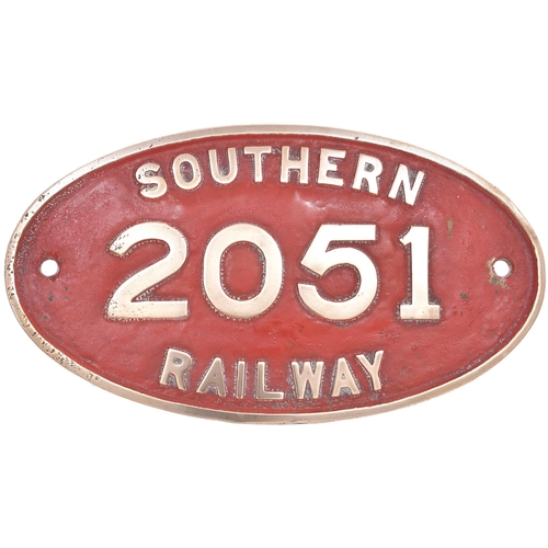 355 - A cabside numberplate, SOUTHERN RAILWAY, 2051, from a London Brighton & South Coast Railway B4 Class... 