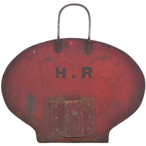 356 - A Highland Railway ENGINE FOLLOWING board, the back marked H.R. Painted steel with handle and bracke... 