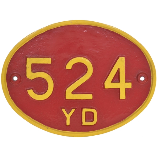 360 - An Indian cabside numberplate, 524 YD from a metre gauge 2-8-2 of Indian Railways Standard (IRS) cla... 