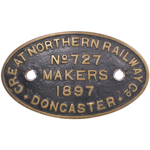 362 - A worksplate, GREAT NORTHERN RAILWAY Co, MAKERS, DONCASTER, No 727, 1897, from a GNR D2 Class 4-4-0 ... 