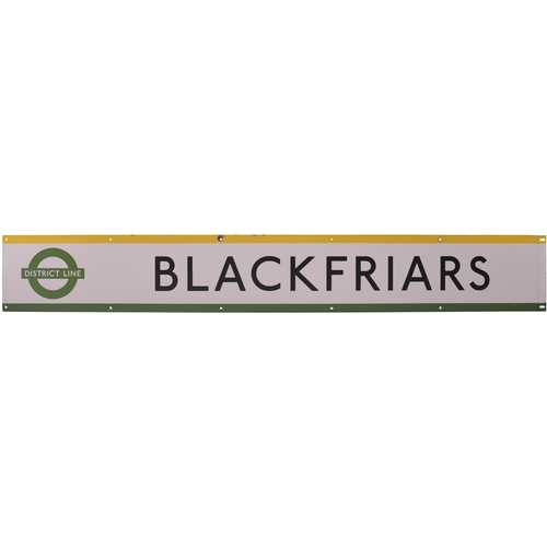 373 - An LT frieze sign, BLACKFRIARS, District Line, with green and yellow stripes, enamel, length 64