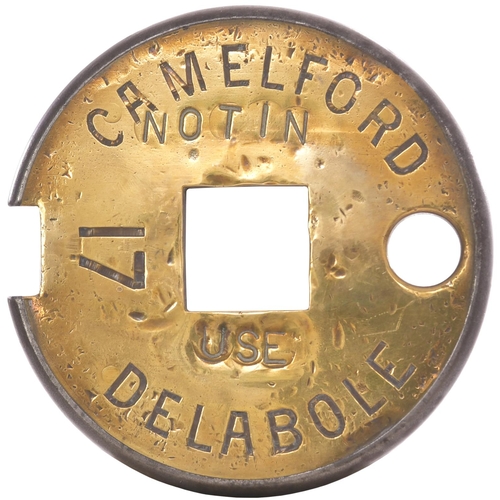 384 - A Tyers No 6 single line tablet, CAMELFORD-DELABOLE, (brass/steel), from the North Cornwall line bet... 