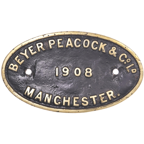 387 - A worksplate, BEYER PEACOCK, 1908. We have been unable to identify the locomotive which carried this... 