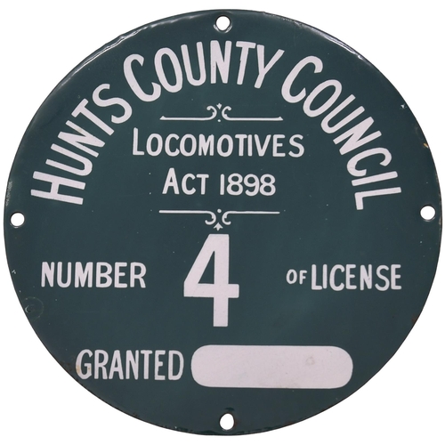 390 - A traction engine licencing plate, HUNTS COUNTY COUNCIL, LOCOMOTIVES ACT 1898, NUMBER 4 OF LICENCE, ... 