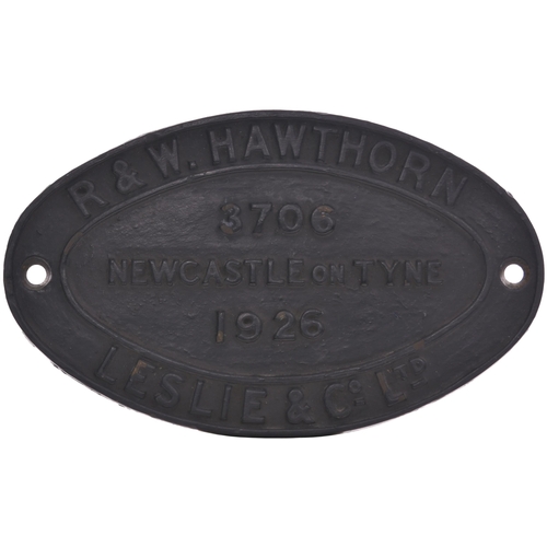 392 - A worksplate, HAWTHORN LESLIE, 3706, 1926, from a LNER N2 Class 0-6-2T No 2677 which was renumbered ... 