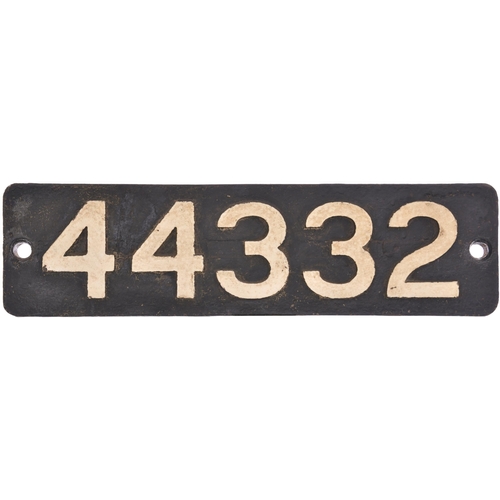 403 - A smokebox numberplate, 44332, from a LMS Class 4F 0-6-0 No 4332 built by Kerr Stuart, Works No 4360... 