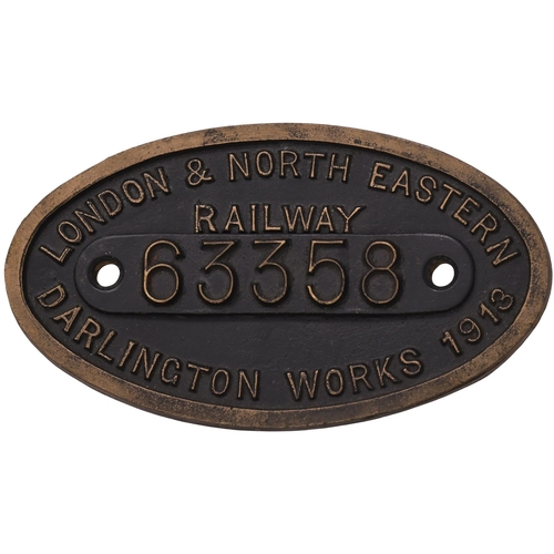 405 - A worksplate, LONDON & NORTH EASTERN RAILWAY, 63358, DARLINGTON WORKS, 1913, from a North Eastern Ra... 