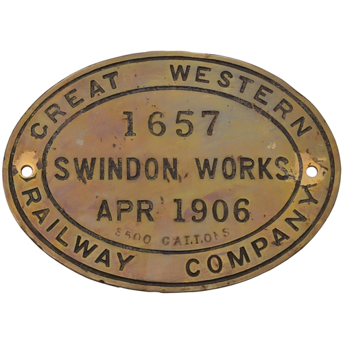 425 - A tenderplate, GWR SWINDON, 1657, 1906, from a Standard Churchward 3500 gallon tender, one of Swindo... 