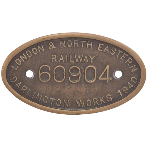 434 - A worksplate, LONDON & NORTH EASTERN RAILWAY, 60904, DARLINGTON 1940, from a LNER V2 Class 2-6-2 No ... 