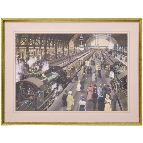 437 - An original painting, PADDINGTON STATION 1908, passengers arriving to join a special train for the R... 