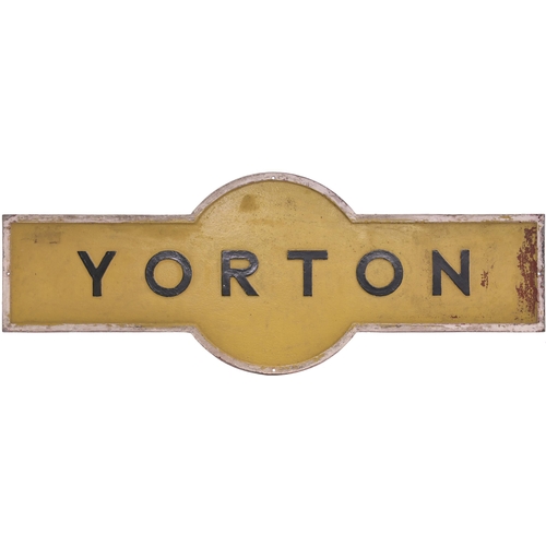 An LMS Hawkseye target sign, YORTON, from the Crewe to Shrewsbury route. Cast aluminium, length 48", the front repainted. (Dispatch by Mailboxes/Collect from Banbury Depot)