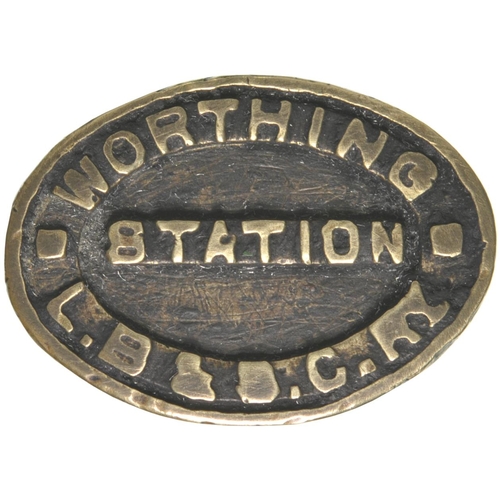 463 - A London, Brighton and South Coast Railway booking office stamp, WORTHING STATION, LB&SCRy, brass he... 