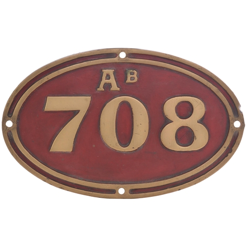 468 - A New Zealand cabside numberplate, Ab 708, from a New Zealand Government Railways 3ft 6ins gauge Cla... 