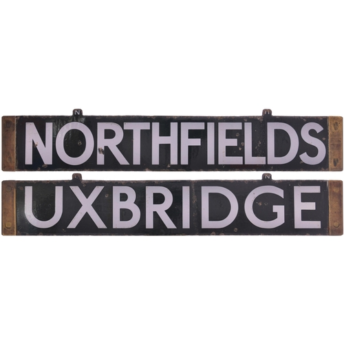 105 - LT cab plate, UXBRIDGE-NORTHFIELD, enamel, brass ends, minor face/edge chips, length 25¼