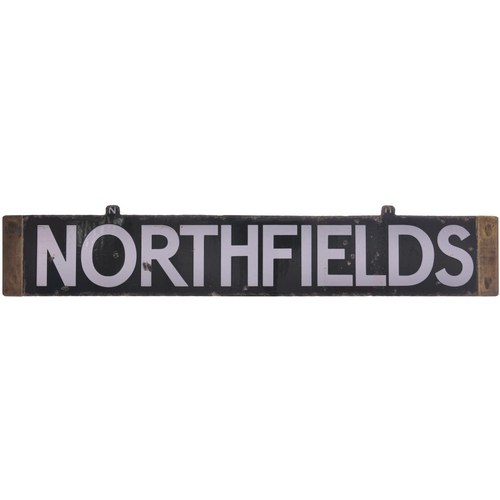 105 - LT cab plate, UXBRIDGE-NORTHFIELD, enamel, brass ends, minor face/edge chips, length 25¼