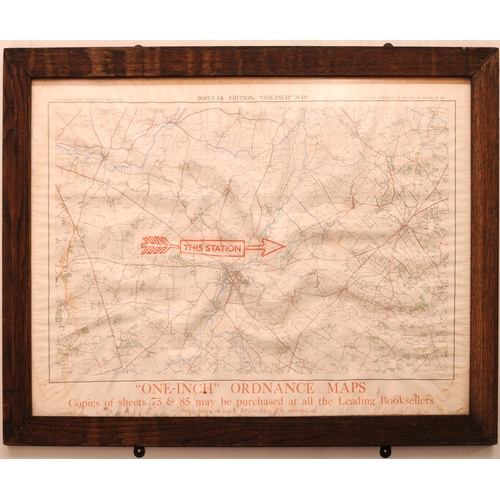 116 - Framed OS map, Quy station location with red arrow, as displayed in the booking office area.