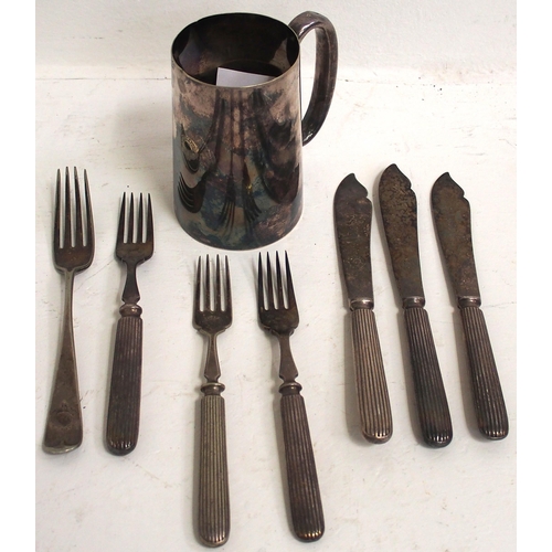 128 - Spiers & Pond half pint tankard, silver plated  and S&P cutlery, all in good condition. (8) (Dispatc... 