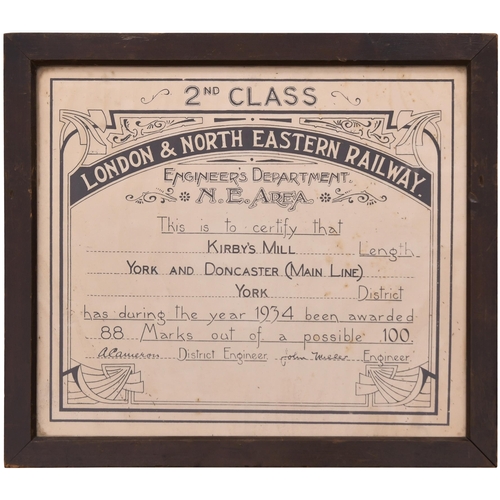 147 - LNER certificate, Prize length, KIRBYS MILL, (York-Doncaster main line), 1934, 88 of 100, original f... 