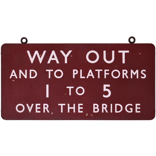 149 - BR(M) station sign, WAY OUT AND TO PLATFORMS 1-5 OVER THE BRIDGE / PLATFORMS 7 (ARROWS) 6 STRAIGHT A... 